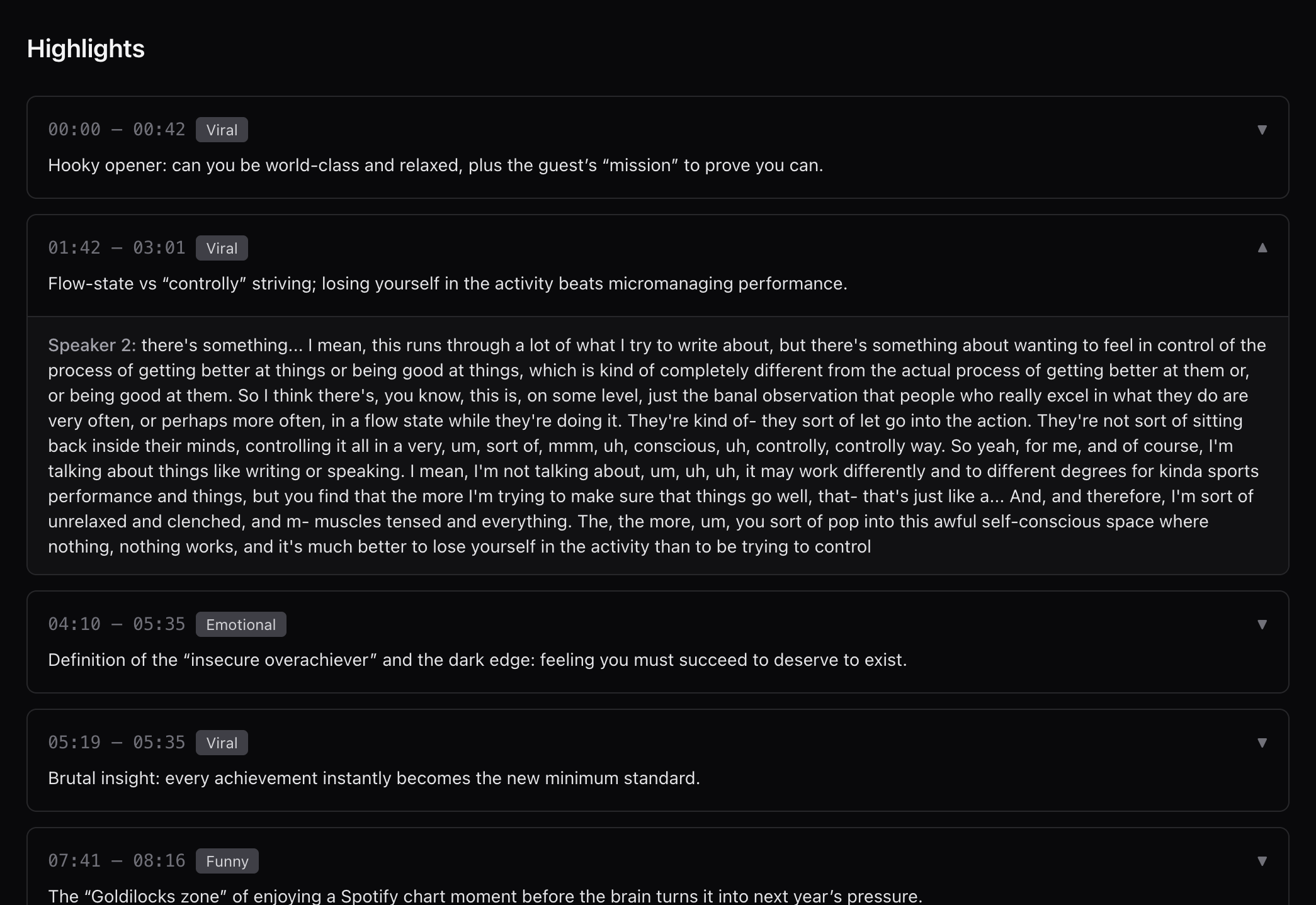 Clip preview — suggested highlights and timestamps