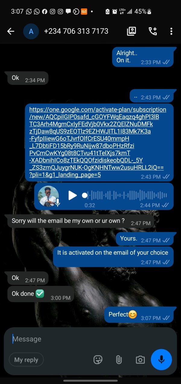 Customer sends an OPay transfer receipt to Fedi Labs and receives the official Google AI Pro activation link on WhatsApp