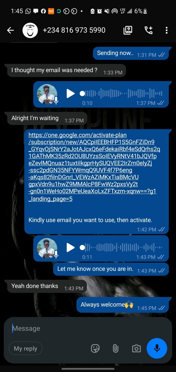 WhatsApp chat where Fedi Labs sends a customer the Google One activation link and the customer confirms Google AI Pro is activated on their own email