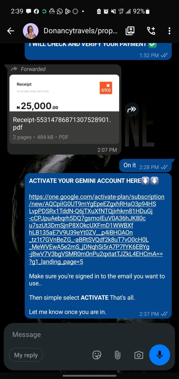 Verified payment receipt followed by Fedi Labs sending the Google One activation link with instructions to sign in with the email you want to use