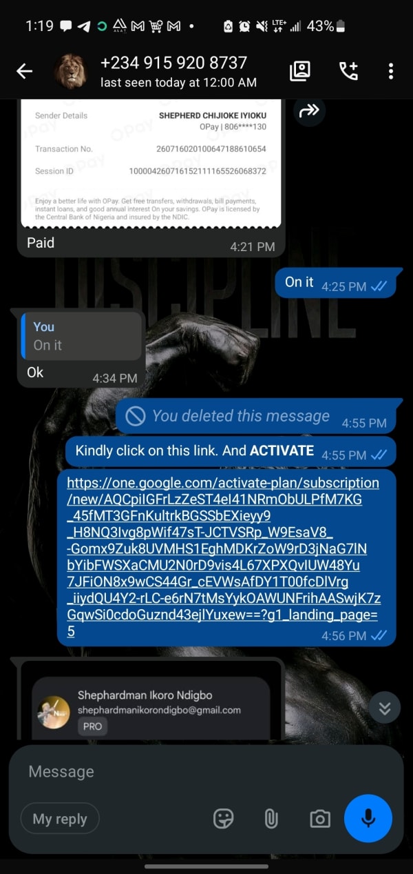 WhatsApp conversation showing a Fedi Labs customer completing Google AI Pro activation on their own Google account