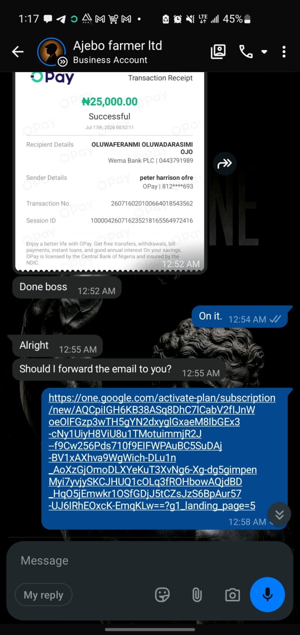 Customer asks whether the email will be their own and Fedi Labs confirms Google AI Pro is activated on the email of your choice