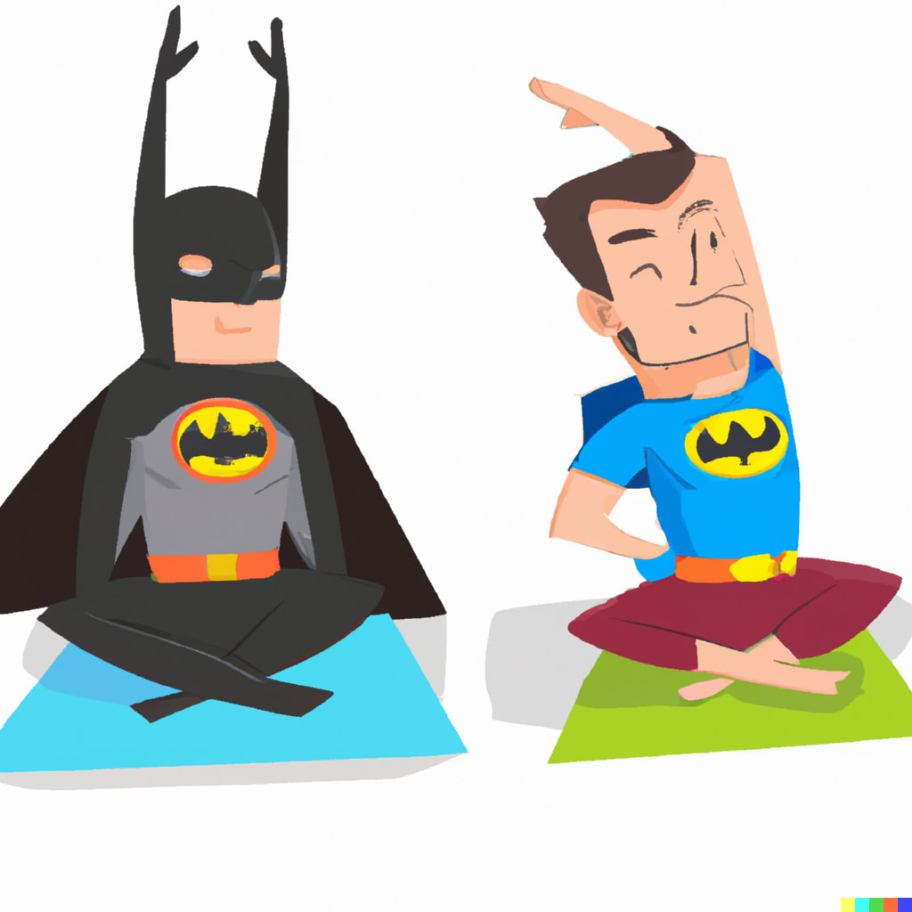 Batman and Superman doing yoga