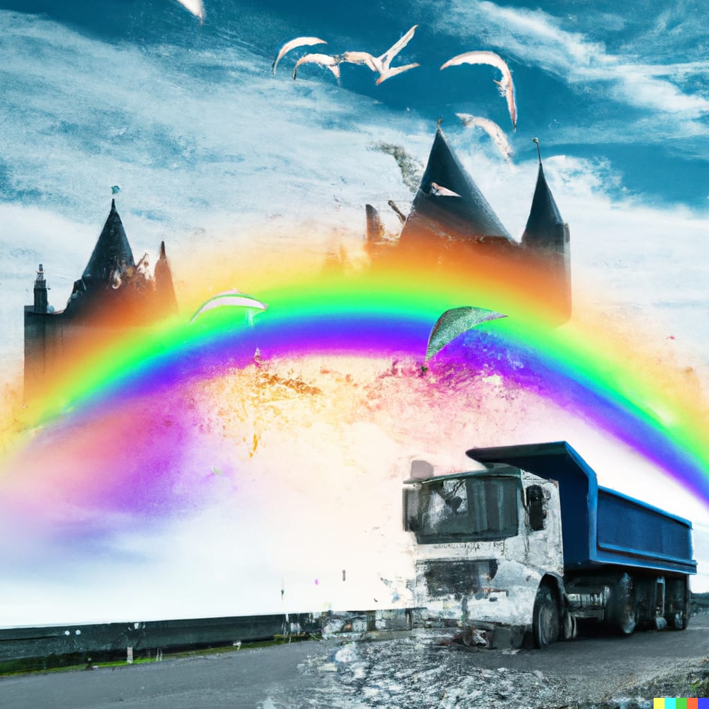 Garbage truck and a rainbow