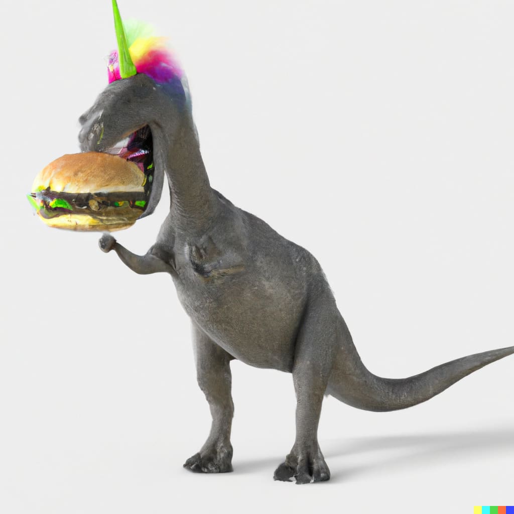 Dinosaur eating a hamburger