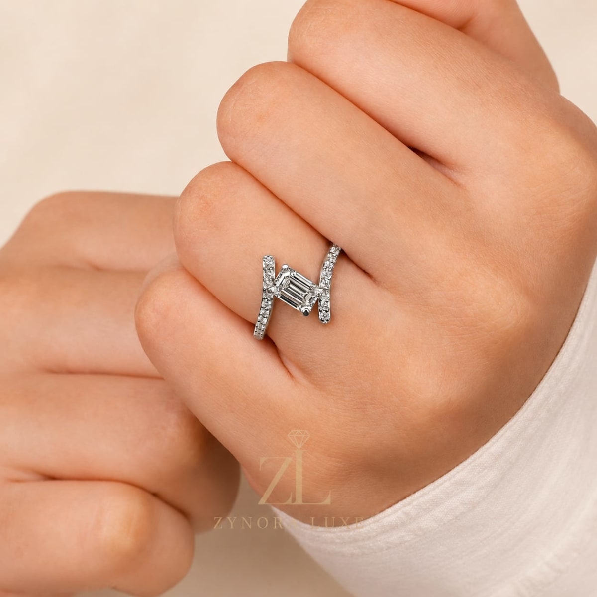 1.CT Emerald Cut Lab Grown Diamond Bypass Engagement Ring