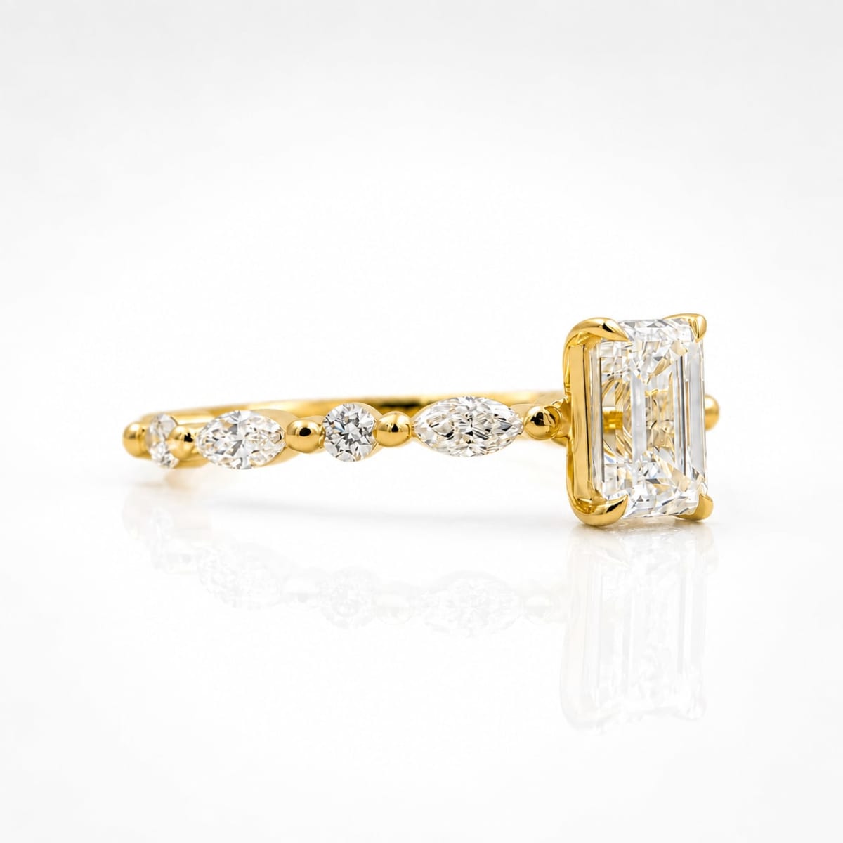 2.50 CT Emerald Cut Lab Grown Diamond Engagement Ring | Marquise Diamond Band