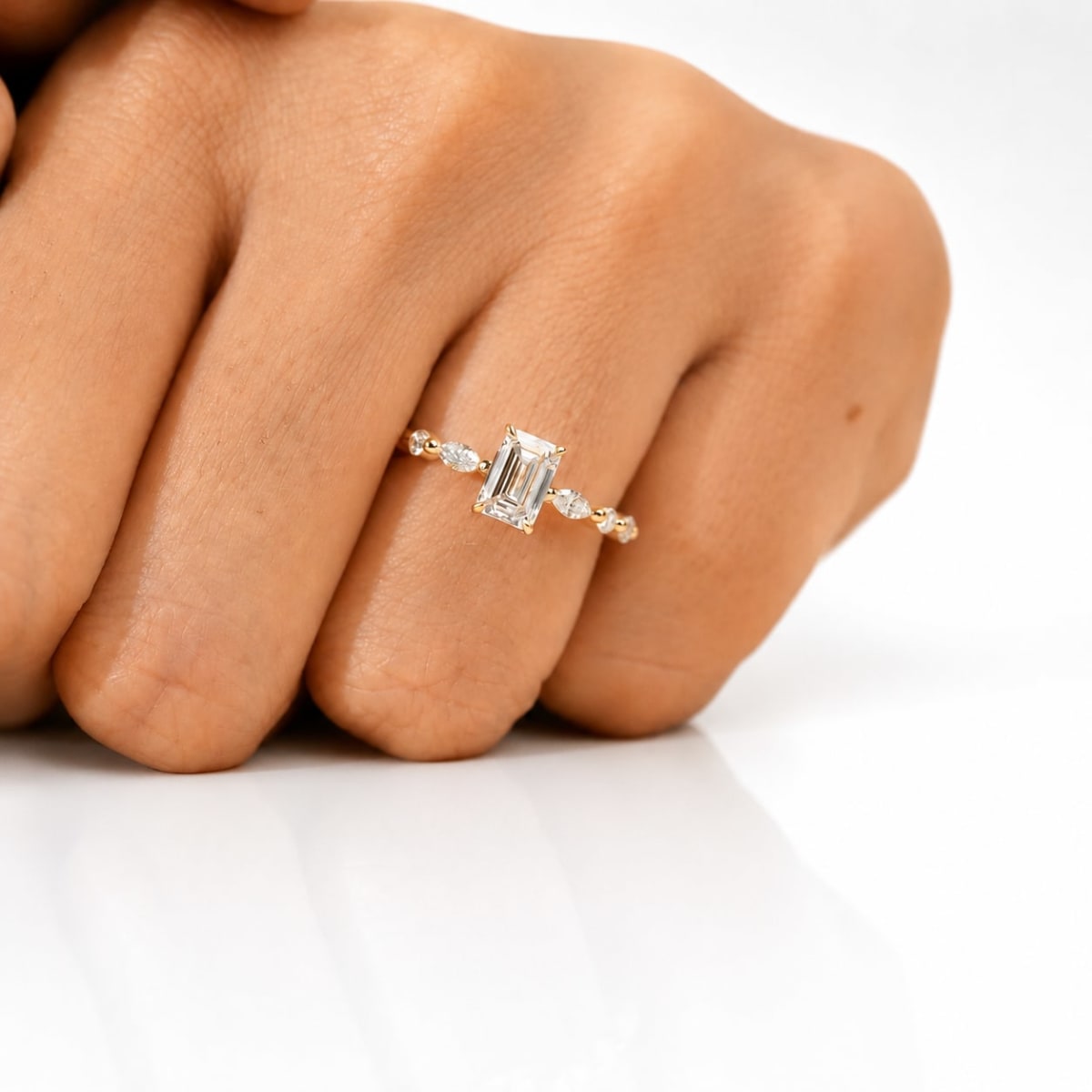 2.50 CT Emerald Cut Lab Grown Diamond Engagement Ring | Marquise Diamond Band