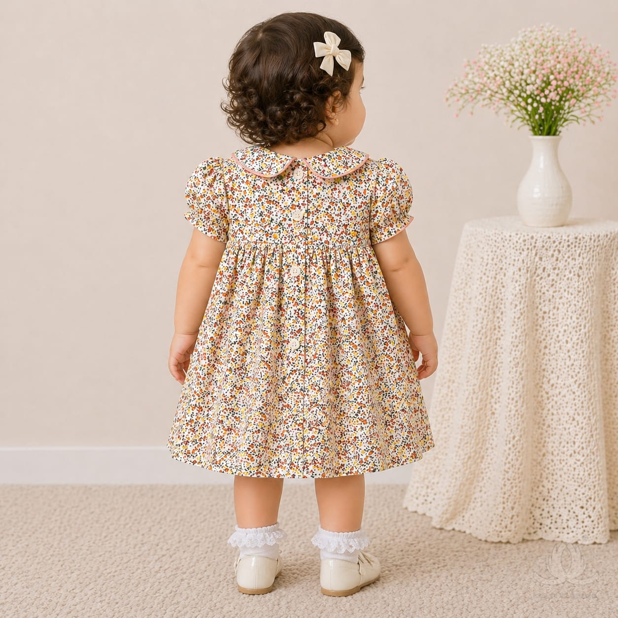 Baby Girl Floral Cotton Dress with Peter Pan Collar & Smocked Bodice (Multicolor) — Styled