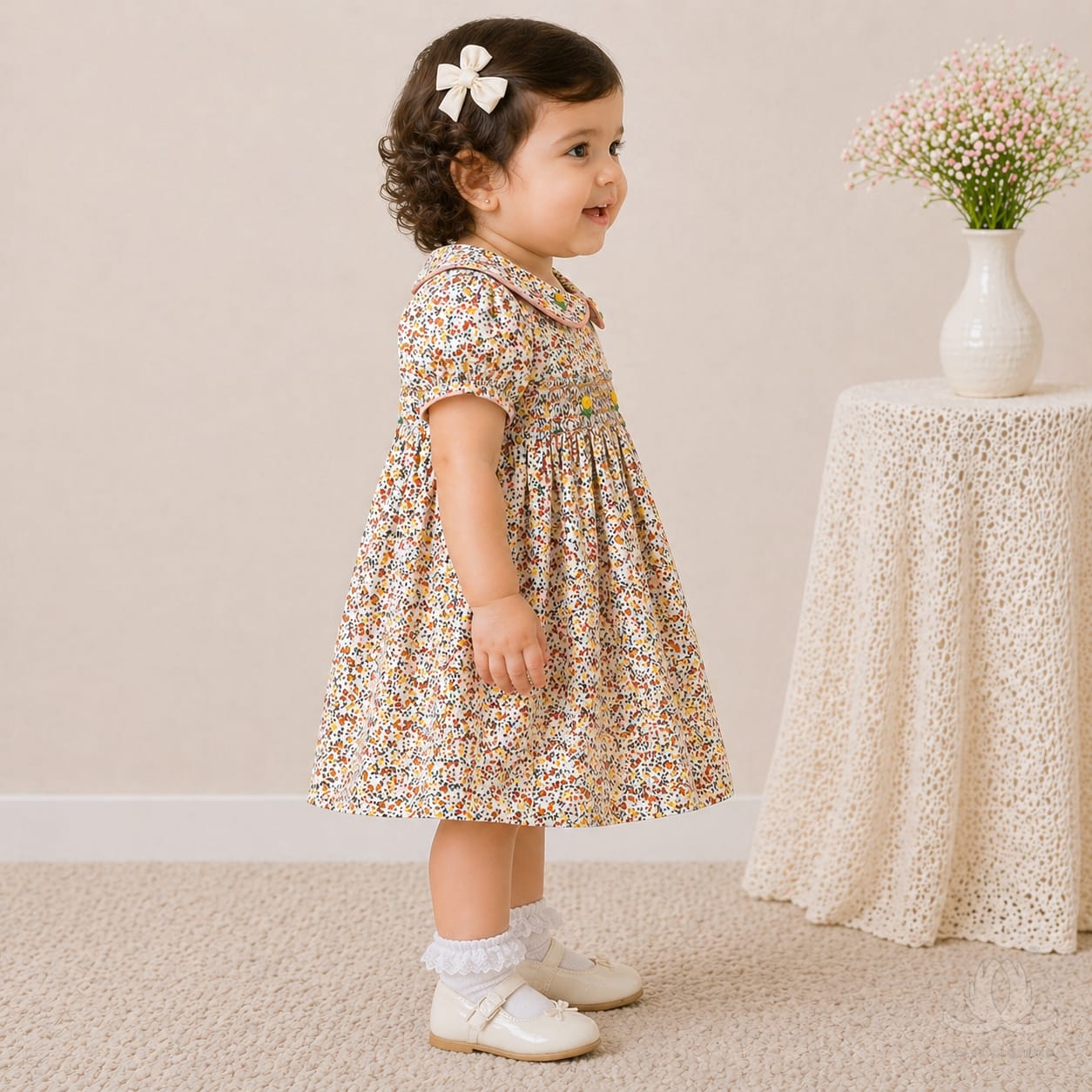 Baby Girl Floral Cotton Dress with Peter Pan Collar & Smocked Bodice (Multicolor) — Side
