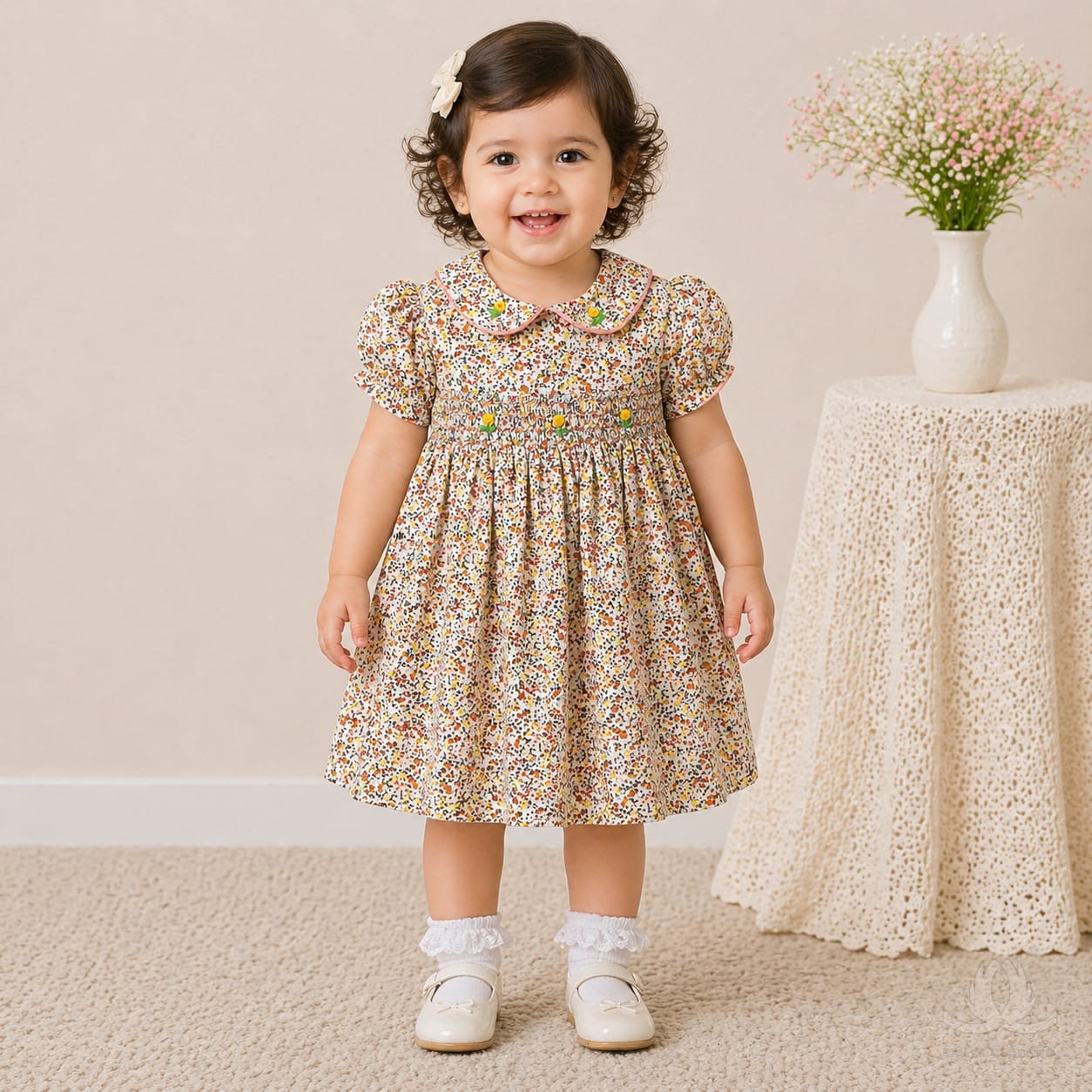 Baby Girl Floral Cotton Dress with Peter Pan Collar & Smocked Bodice (Multicolor) — Fabric detail