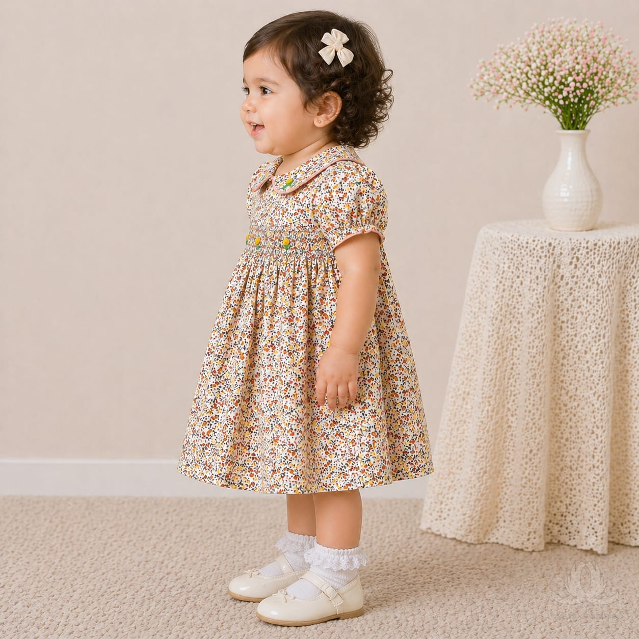 Baby Girl Floral Cotton Dress with Peter Pan Collar & Smocked Bodice (Multicolor) — Back