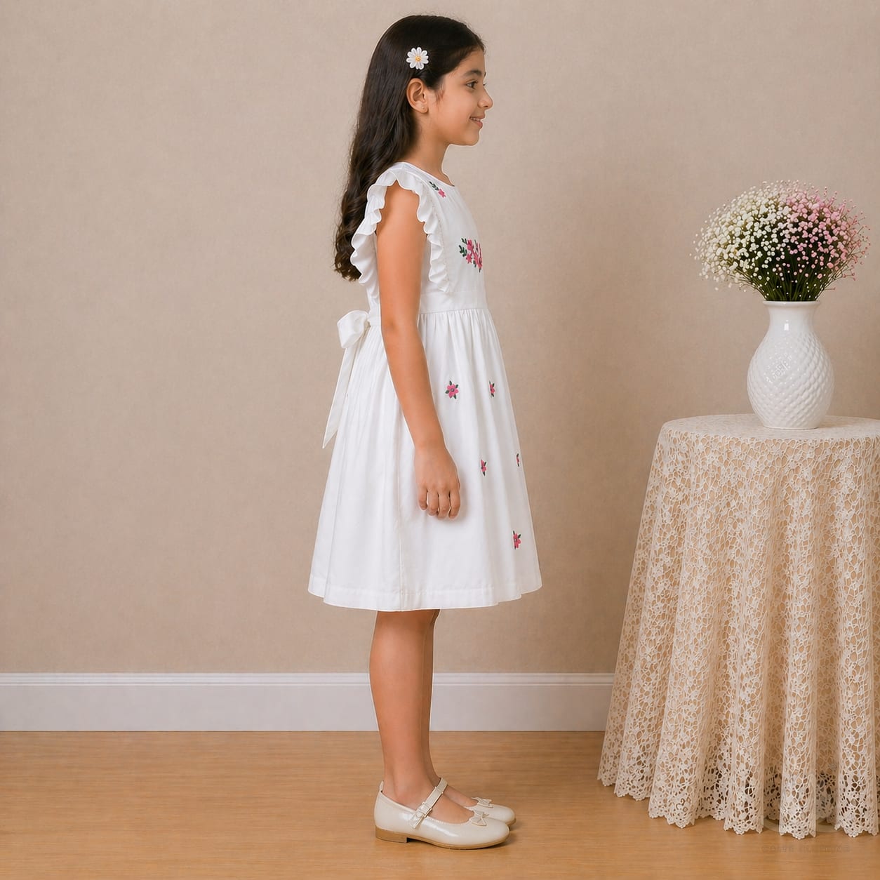 Girls White Cotton Dress with Floral Embroidery & Ruffle Sleeves — Side