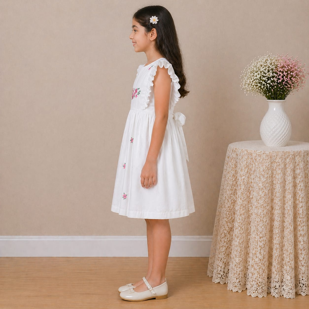 Girls White Cotton Dress with Floral Embroidery & Ruffle Sleeves — Back
