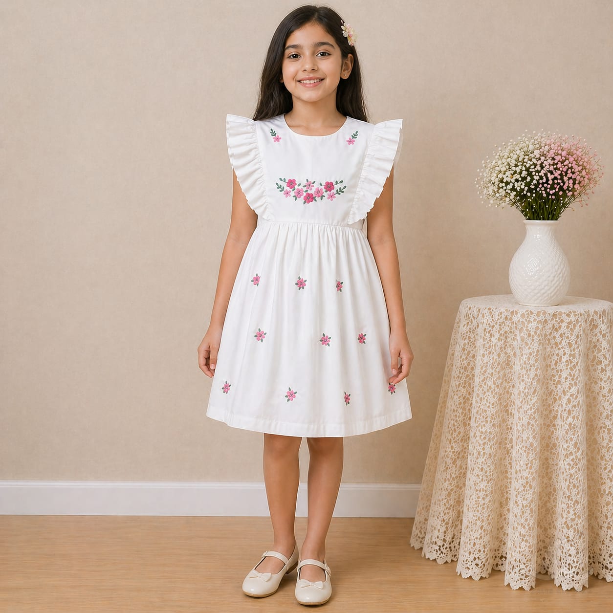 Girls White Cotton Dress with Floral Embroidery & Ruffle Sleeves — Fabric detail