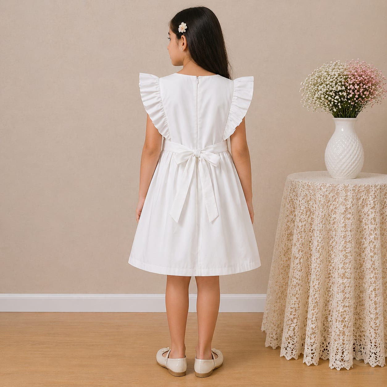 Girls White Cotton Dress with Floral Embroidery & Ruffle Sleeves — Styled