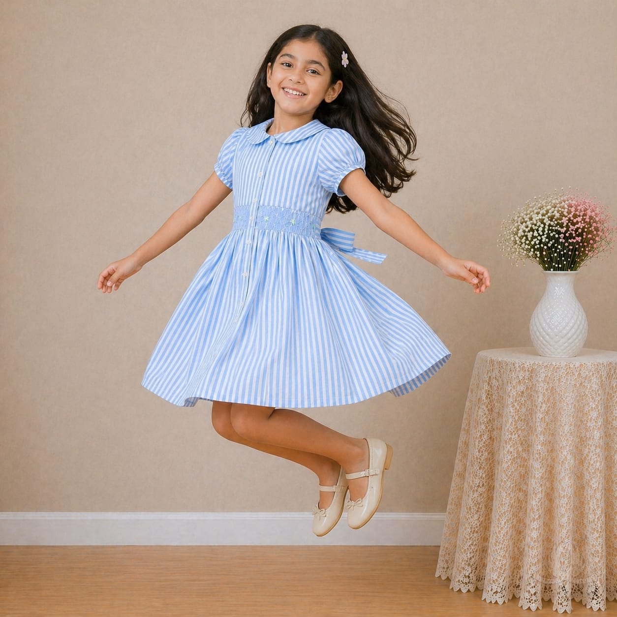 Girls Blue Striped Cotton Dress with Smocked Waist, Puff Sleeves & Collar Neck