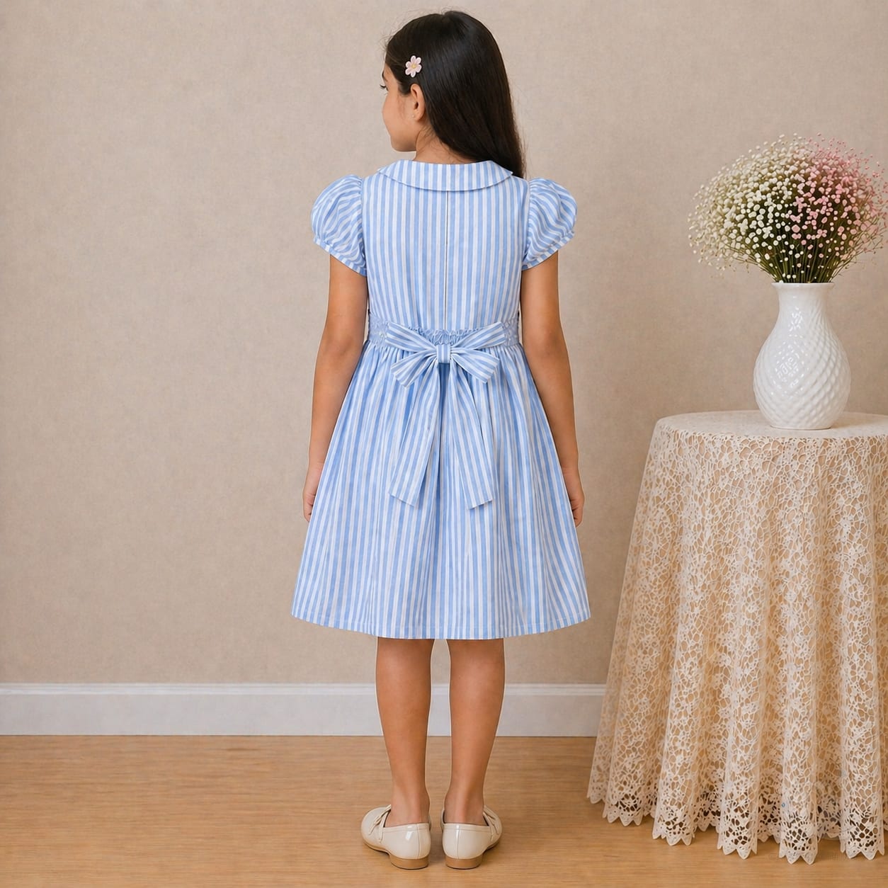 Girls Blue Striped Cotton Dress with Smocked Waist, Puff Sleeves & Collar Neck — Styled