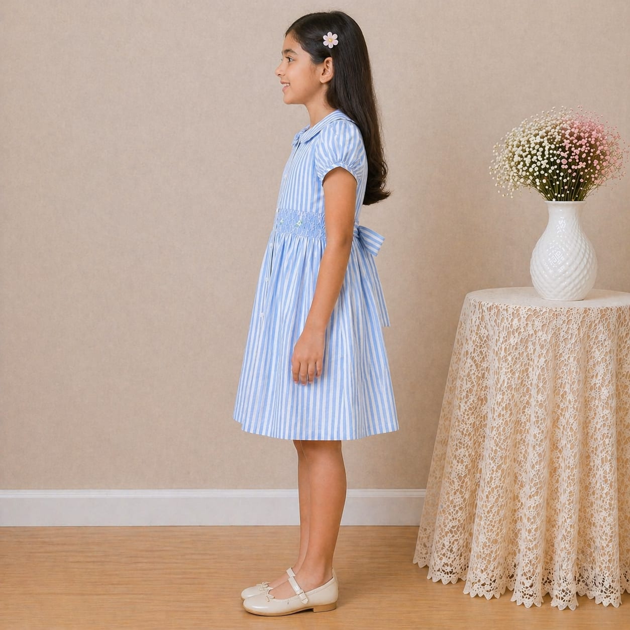 Girls Blue Striped Cotton Dress with Smocked Waist, Puff Sleeves & Collar Neck — Side