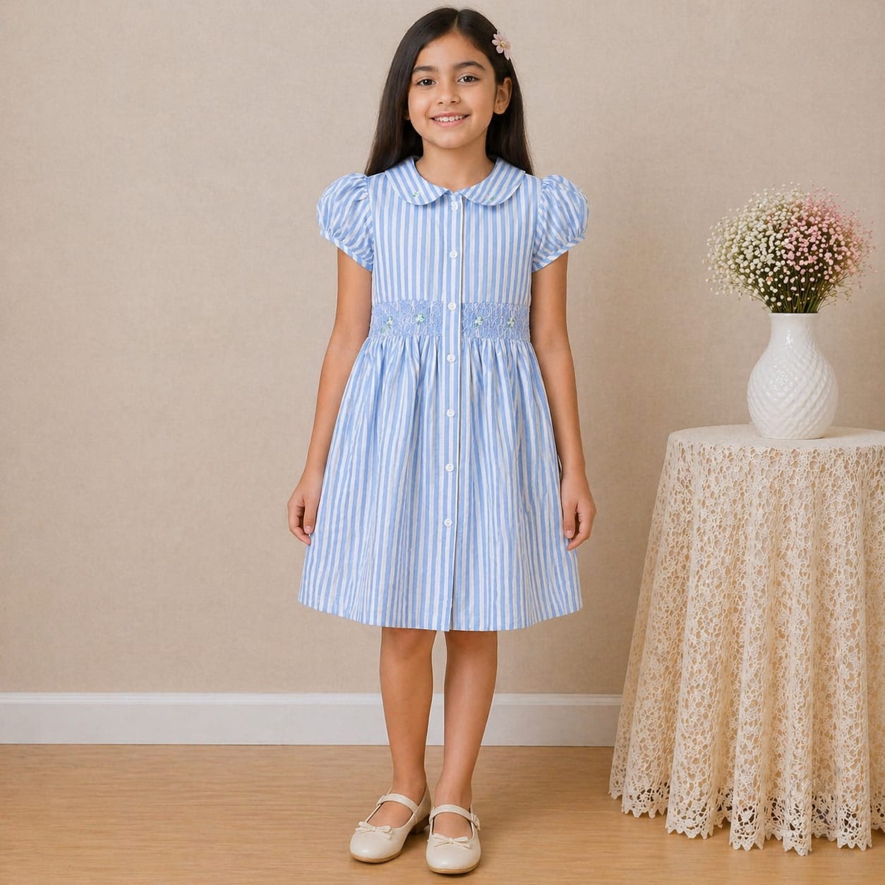 Girls Blue Striped Cotton Dress with Smocked Waist, Puff Sleeves & Collar Neck — Fabric detail