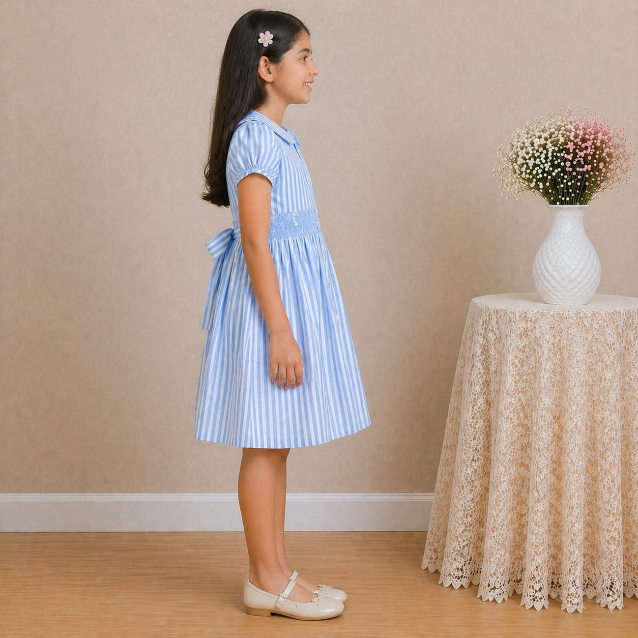 Girls Blue Striped Cotton Dress with Smocked Waist, Puff Sleeves & Collar Neck — Back