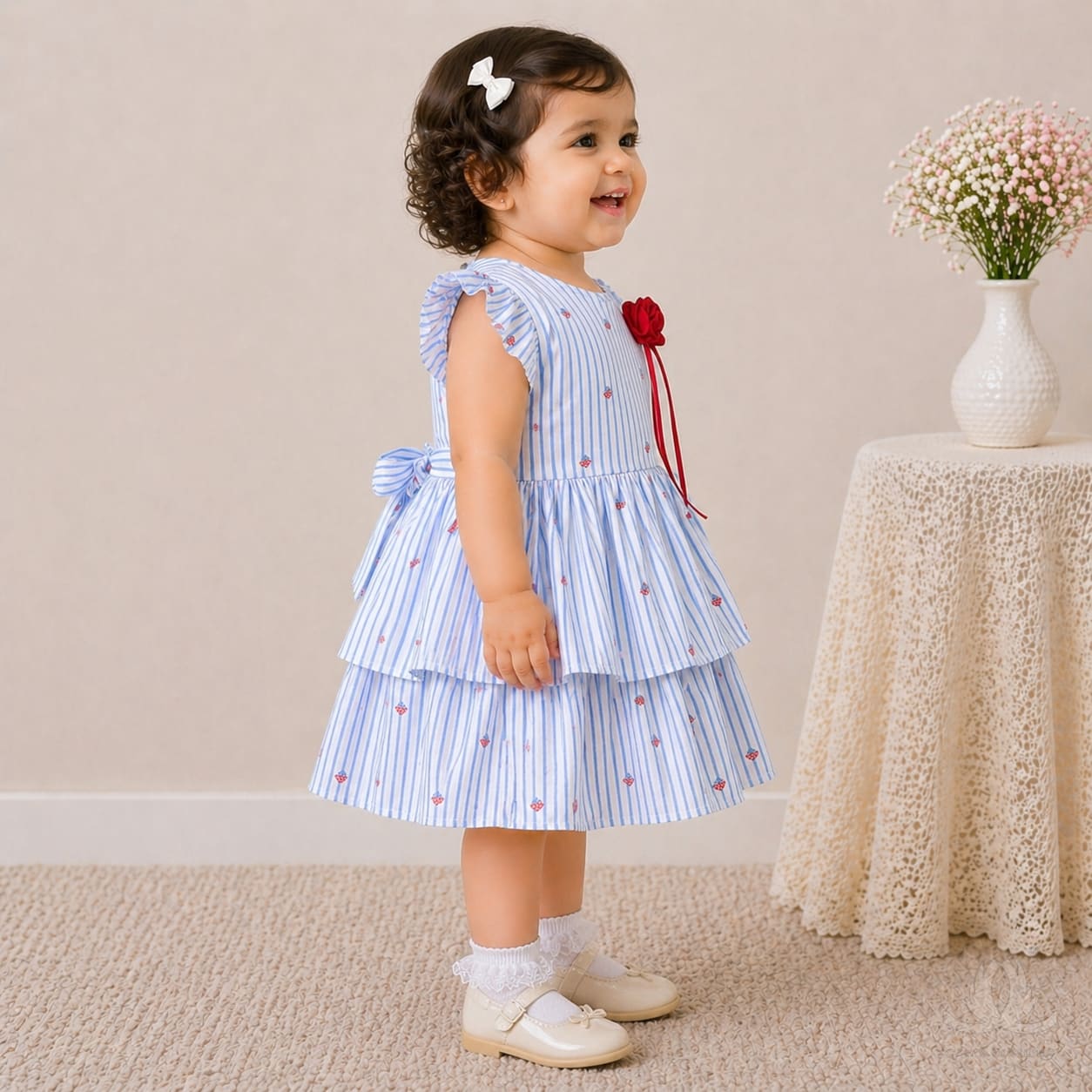 Baby Girl Blue Striped Cotton Dress with Ruffle Sleeves & Layered Skirt — Back