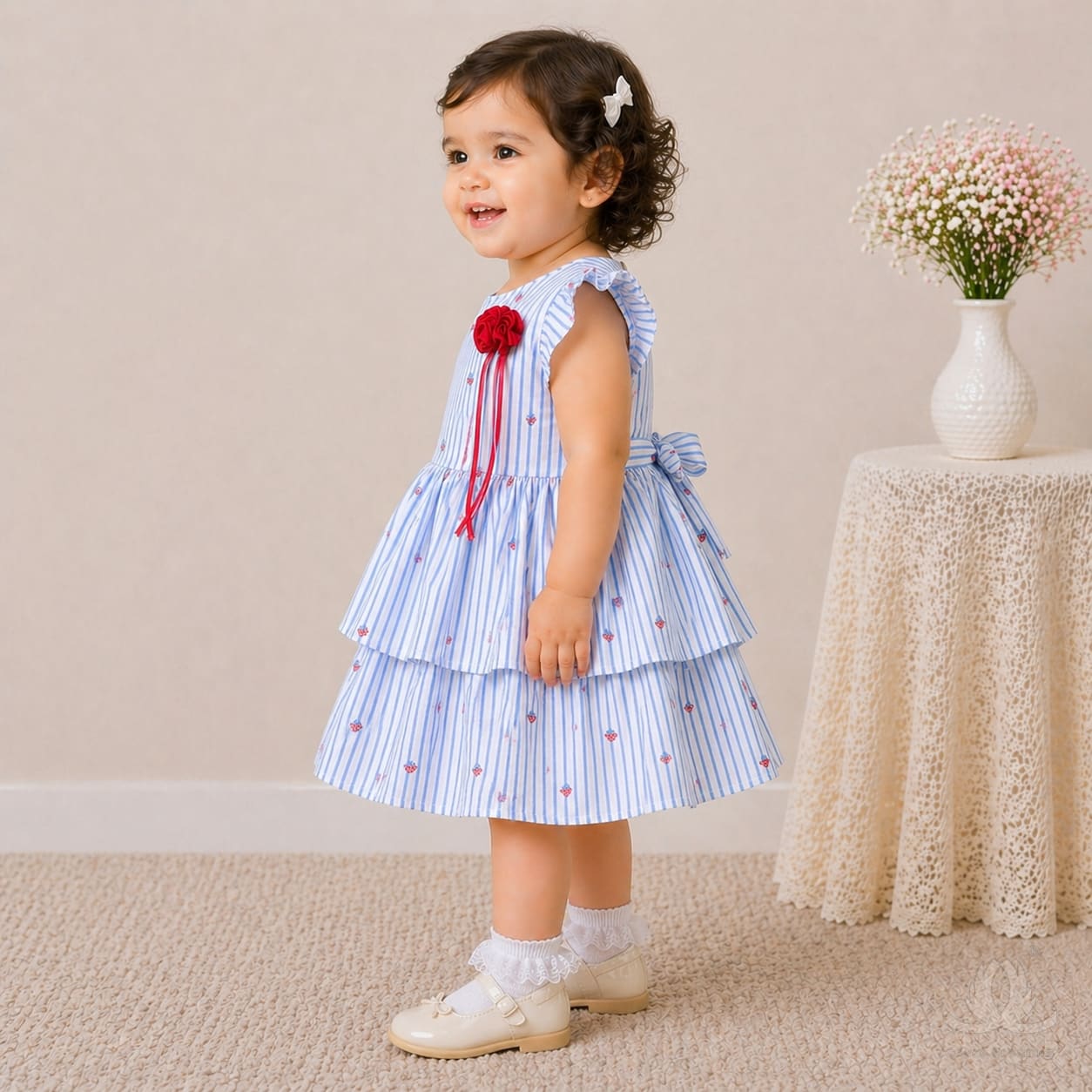 Baby Girl Blue Striped Cotton Dress with Ruffle Sleeves & Layered Skirt — Side