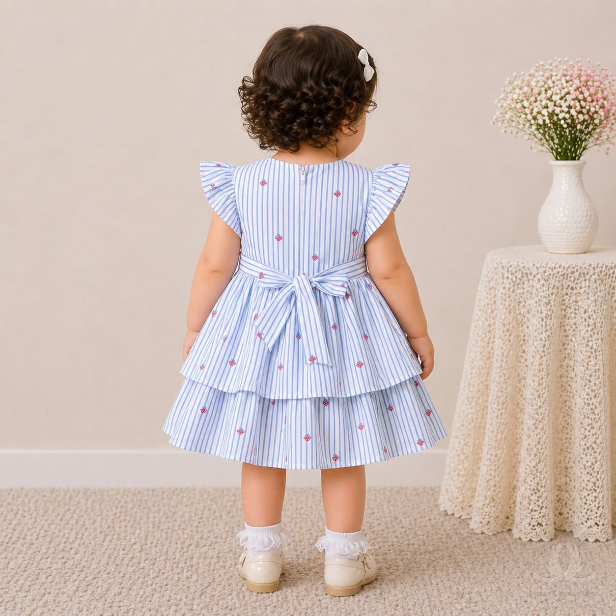 Baby Girl Blue Striped Cotton Dress with Ruffle Sleeves & Layered Skirt — Styled