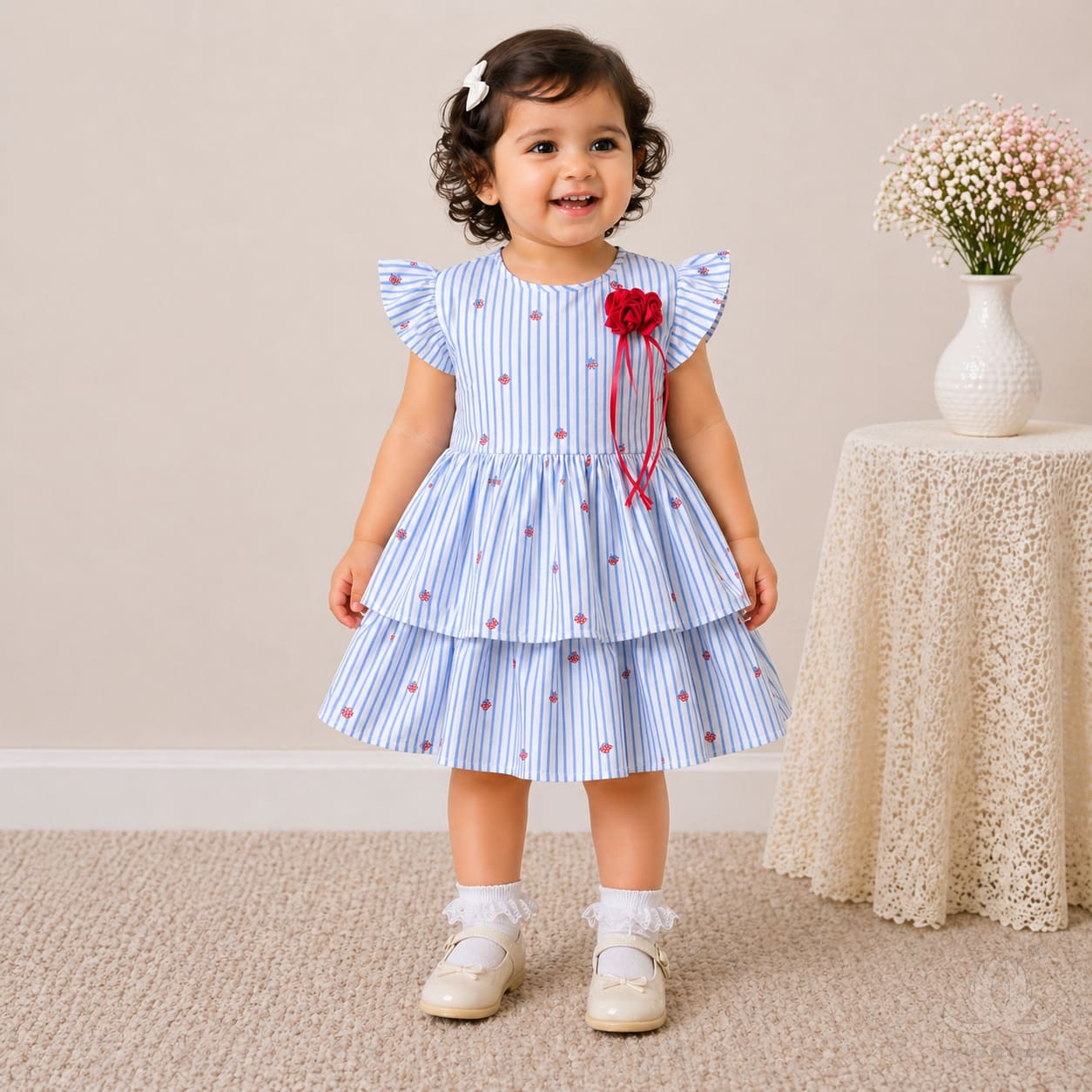 Baby Girl Blue Striped Cotton Dress with Ruffle Sleeves & Layered Skirt — Fabric detail
