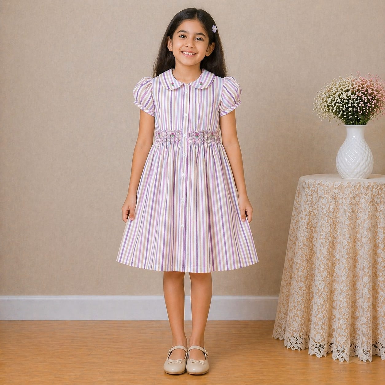 Girls Multicolor Striped Cotton Dress with Smocked Waist, Puff Sleeves & Collar Neck — Fabric detail