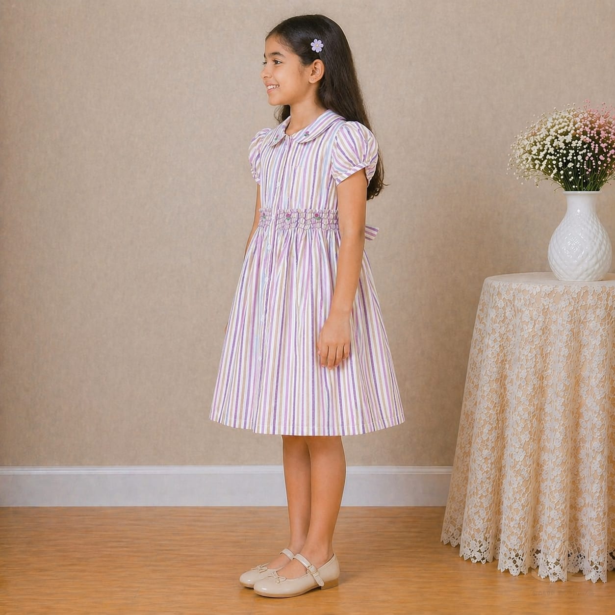 Girls Multicolor Striped Cotton Dress with Smocked Waist, Puff Sleeves & Collar Neck — Back