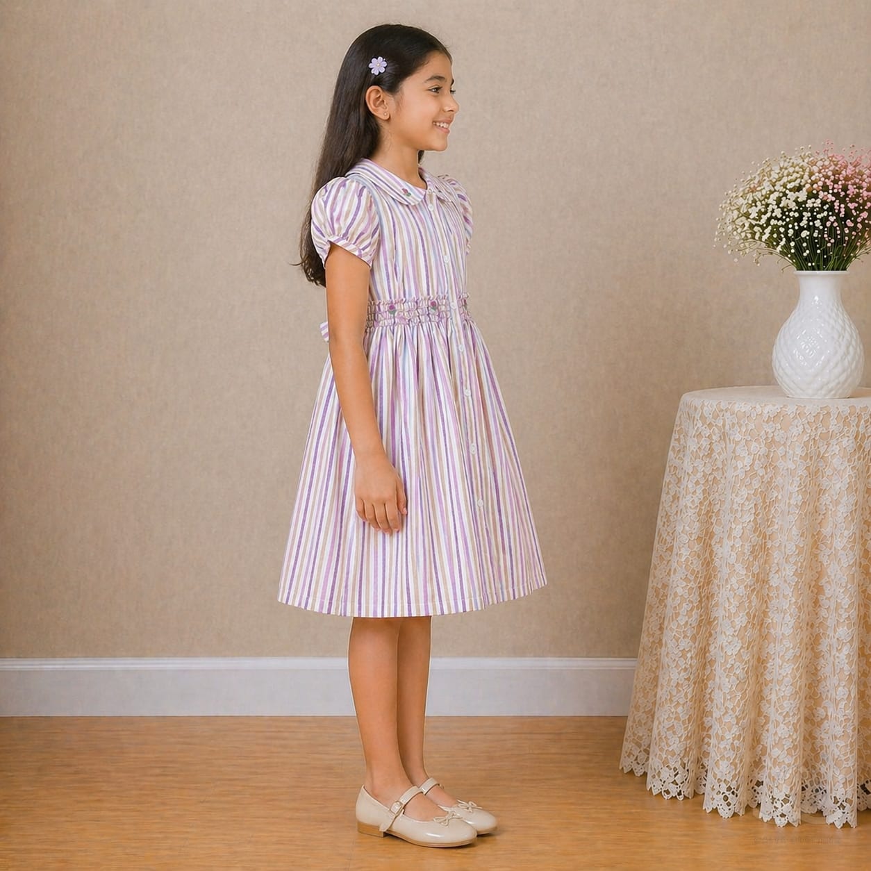 Girls Multicolor Striped Cotton Dress with Smocked Waist, Puff Sleeves & Collar Neck — Side