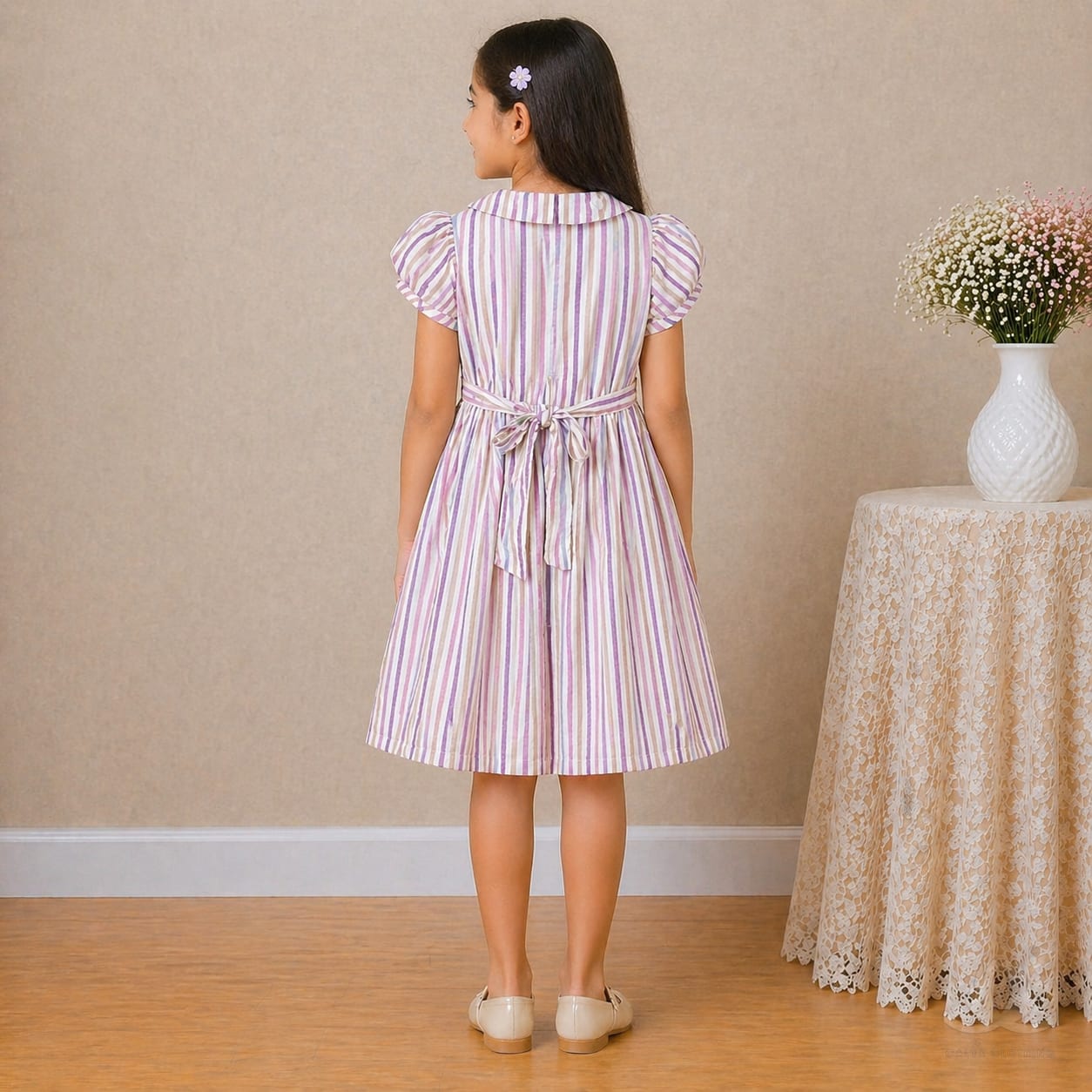Girls Multicolor Striped Cotton Dress with Smocked Waist, Puff Sleeves & Collar Neck — Styled