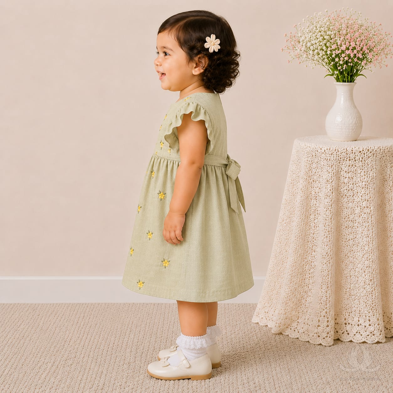 Olive Green Floral Embroidered Baby Girl Dress with Ruffle Sleeves & Back Bow — Side
