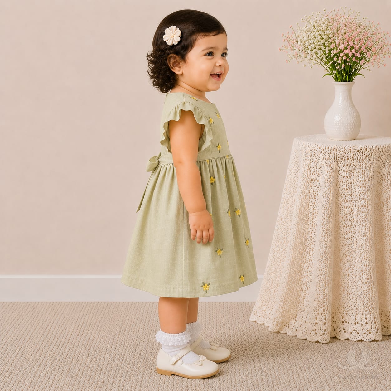 Olive Green Floral Embroidered Baby Girl Dress with Ruffle Sleeves & Back Bow — Back