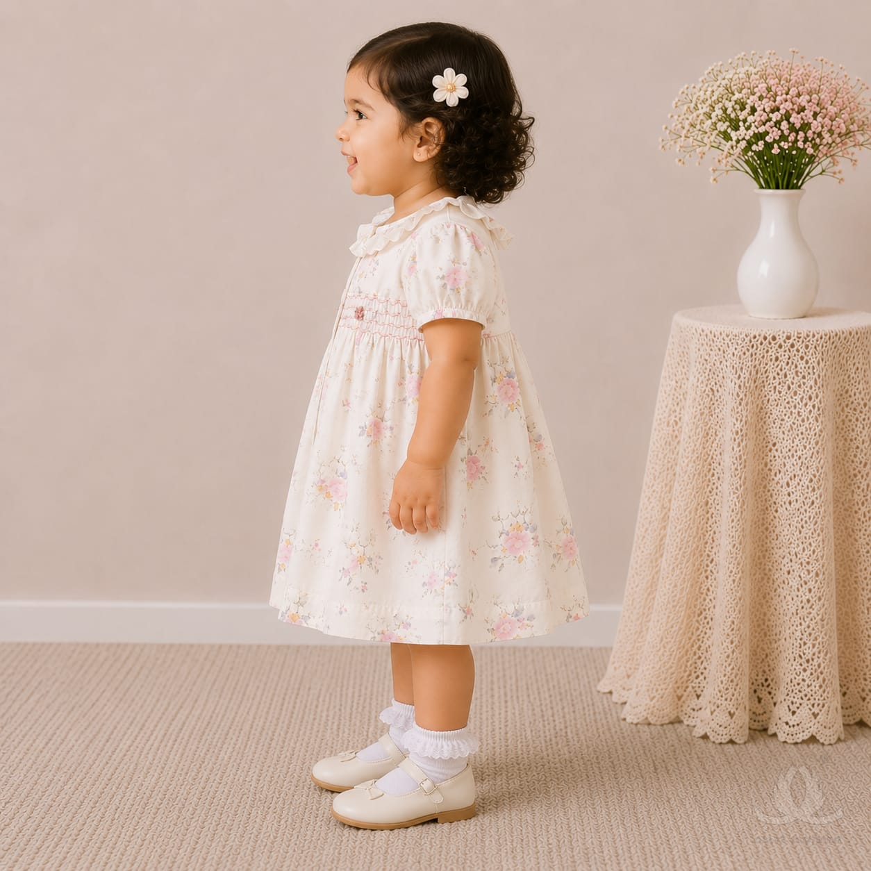 Elegant Floral Print Baby Girl Dress with Smocked Yoke & Ruffle Collar — Back
