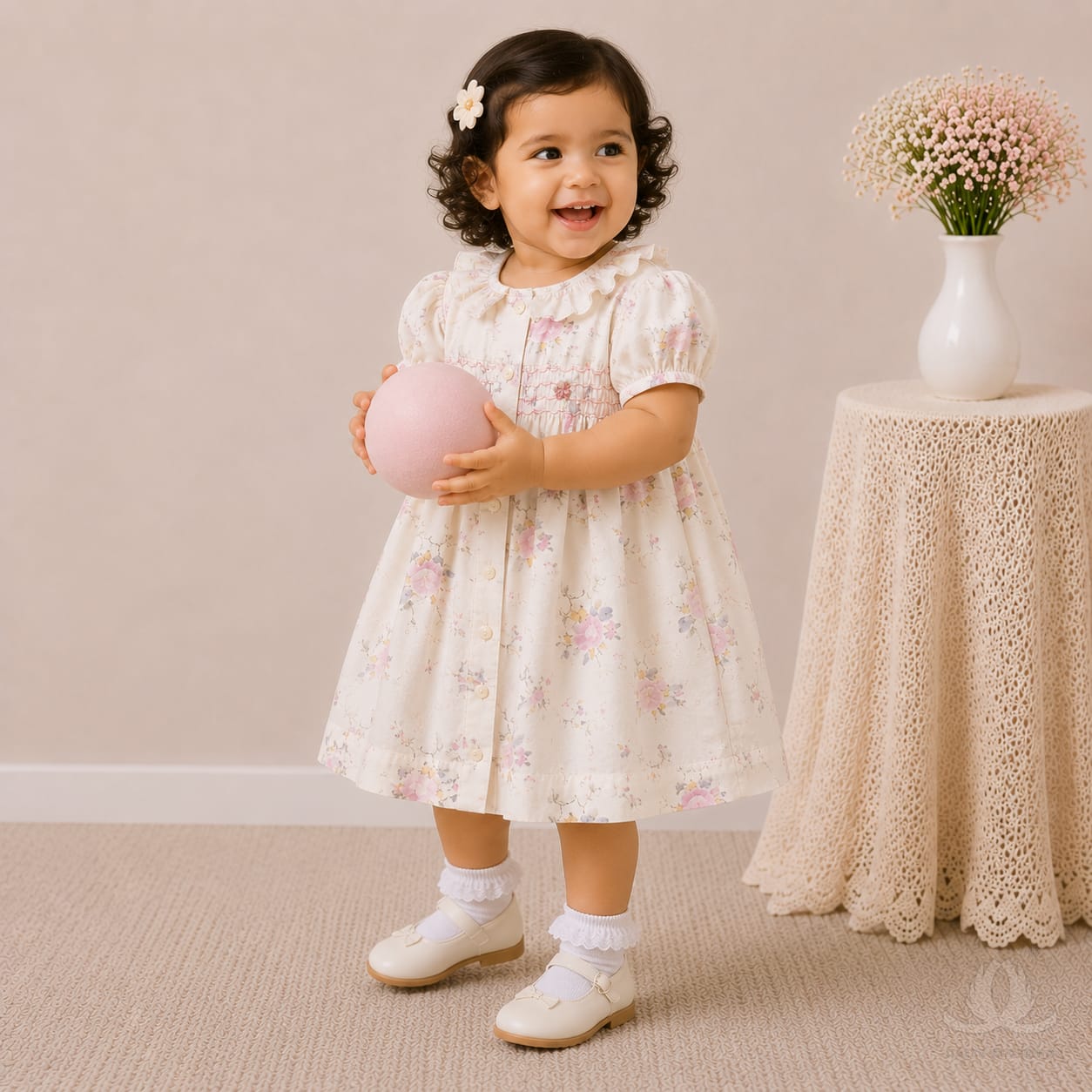 Elegant Floral Print Baby Girl Dress with Smocked Yoke & Ruffle Collar