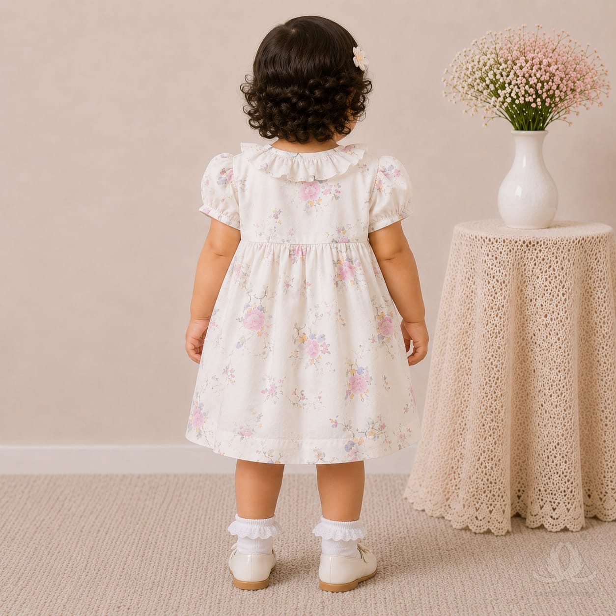 Elegant Floral Print Baby Girl Dress with Smocked Yoke & Ruffle Collar — Styled