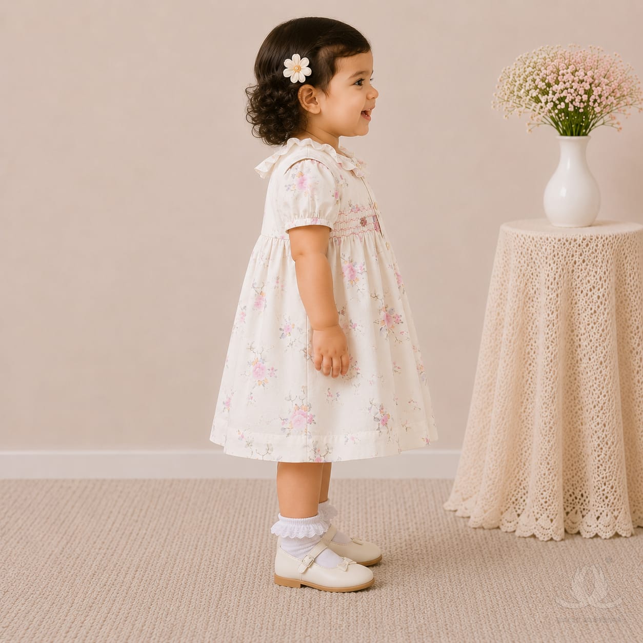 Elegant Floral Print Baby Girl Dress with Smocked Yoke & Ruffle Collar — Side