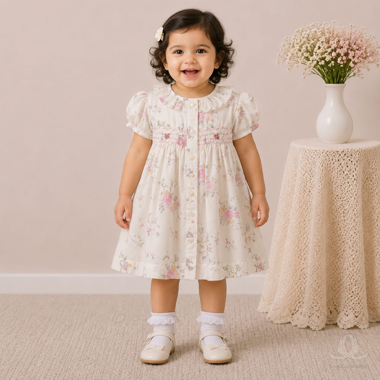 Elegant Floral Print Baby Girl Dress with Smocked Yoke & Ruffle Collar — Fabric detail