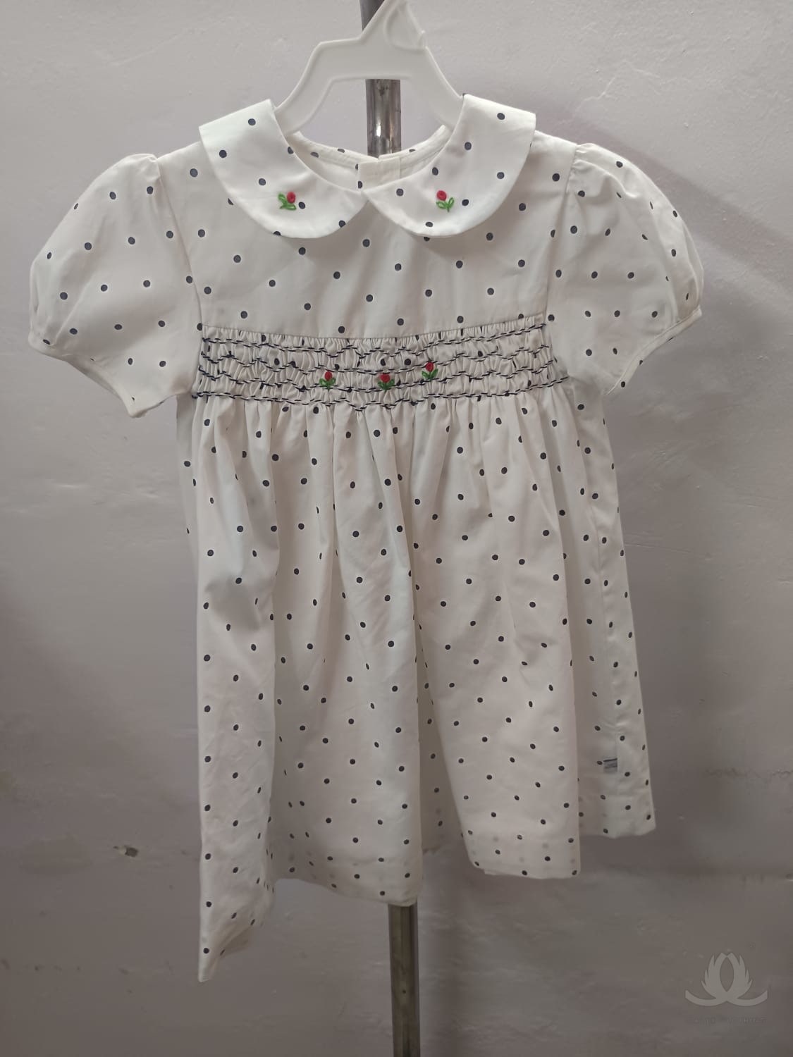 White Polka Dot Baby Girl Dress with Smocked Bodice & Peter Pan Collar — image 7