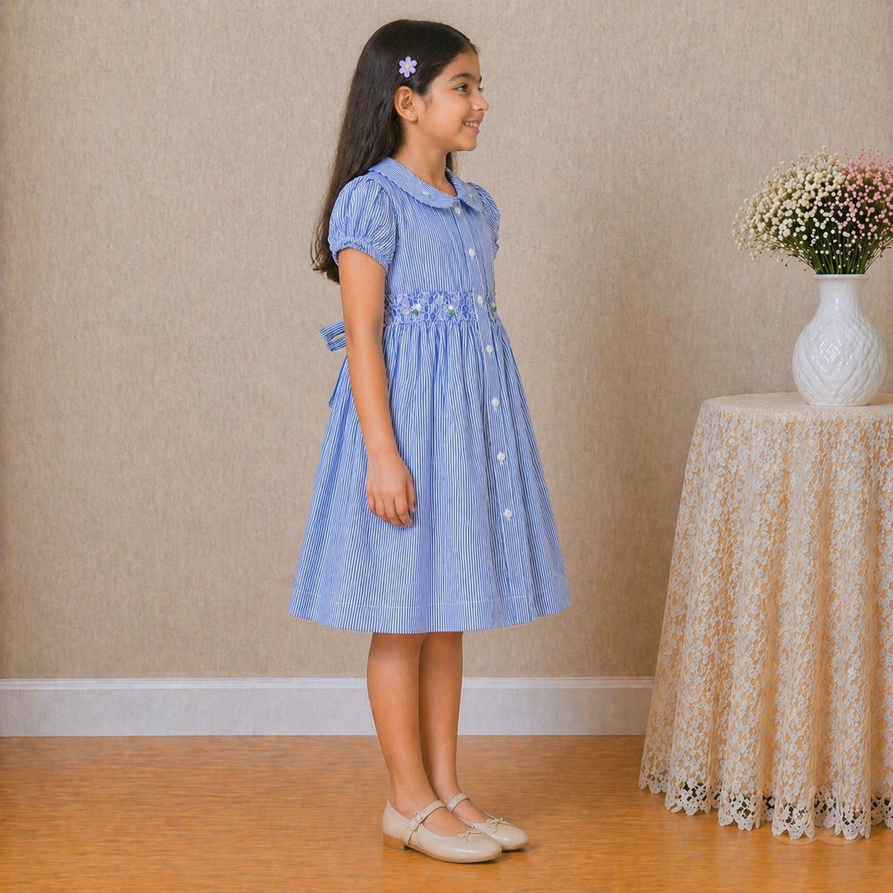 Girls Blue Striped Cotton Dress with Smocked Waist, Puff Sleeves & Peter Pan Collar — Back