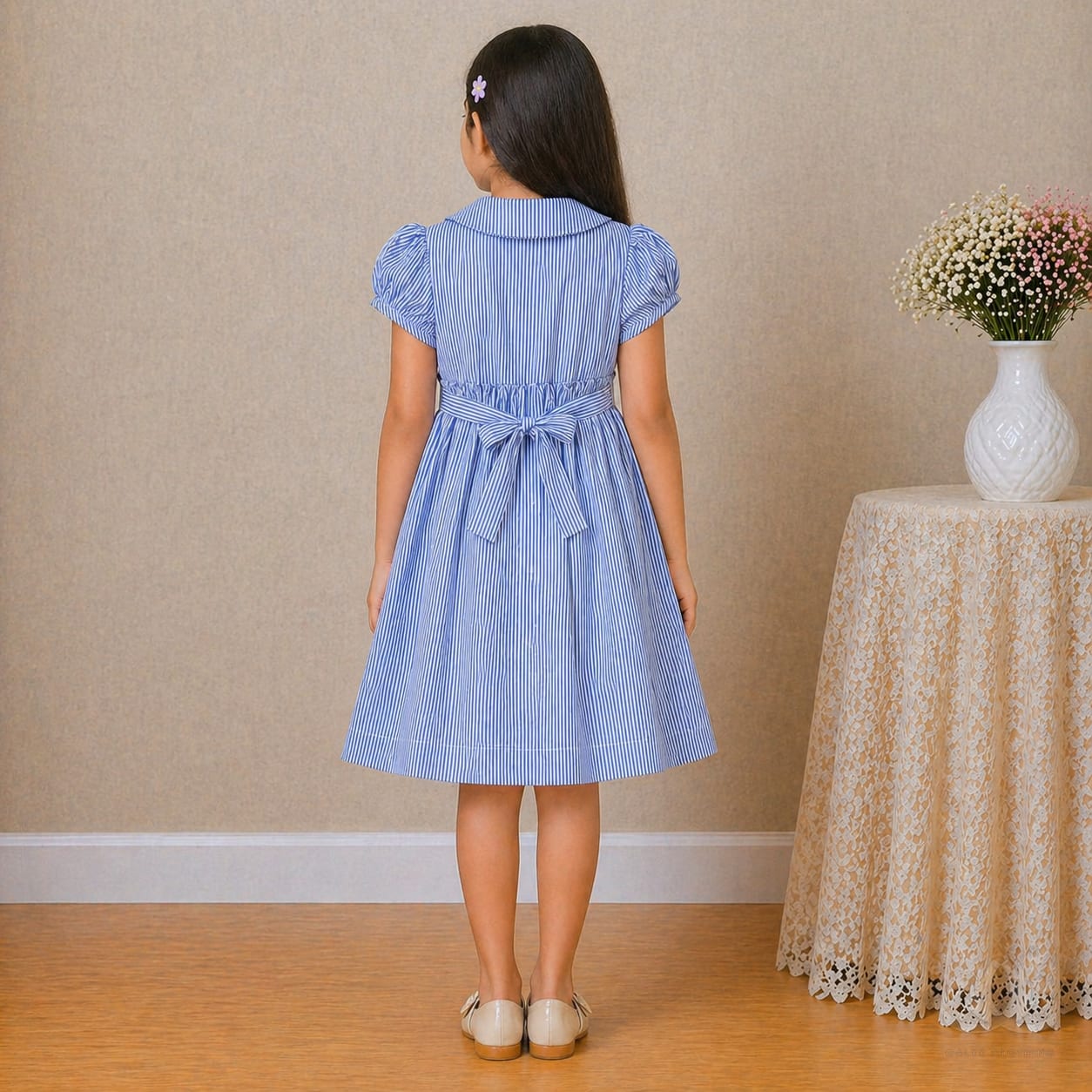 Girls Blue Striped Cotton Dress with Smocked Waist, Puff Sleeves & Peter Pan Collar — Styled