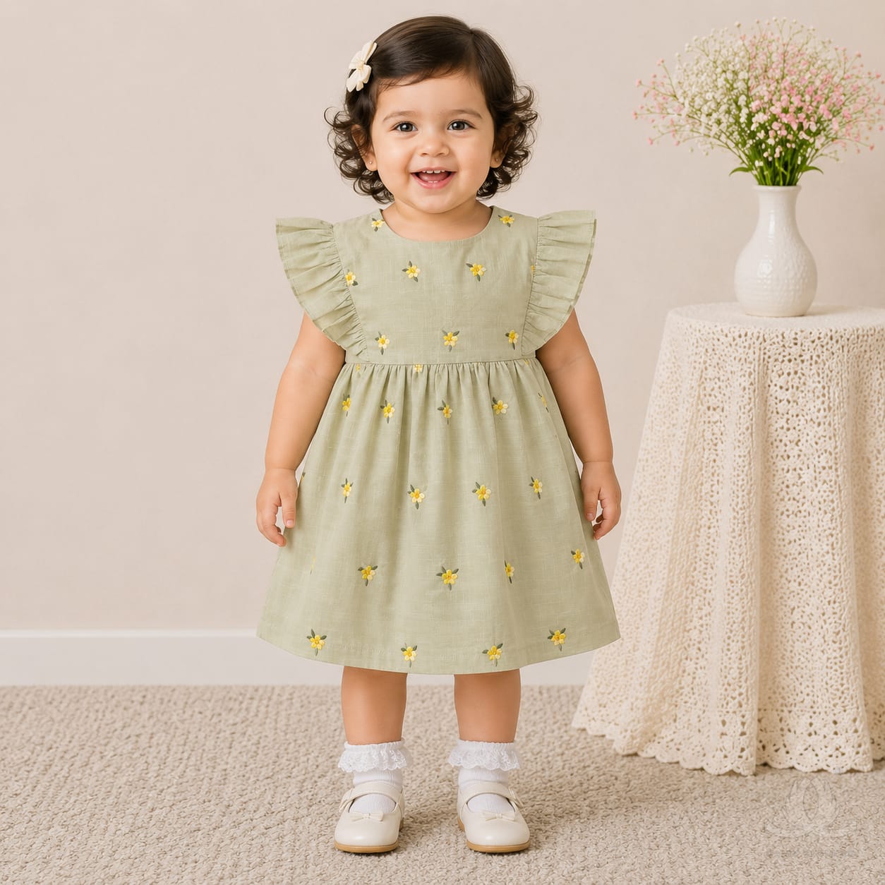 Olive Green Floral Embroidered Baby Girl Dress with Ruffle Sleeves & Back Bow — Fabric detail