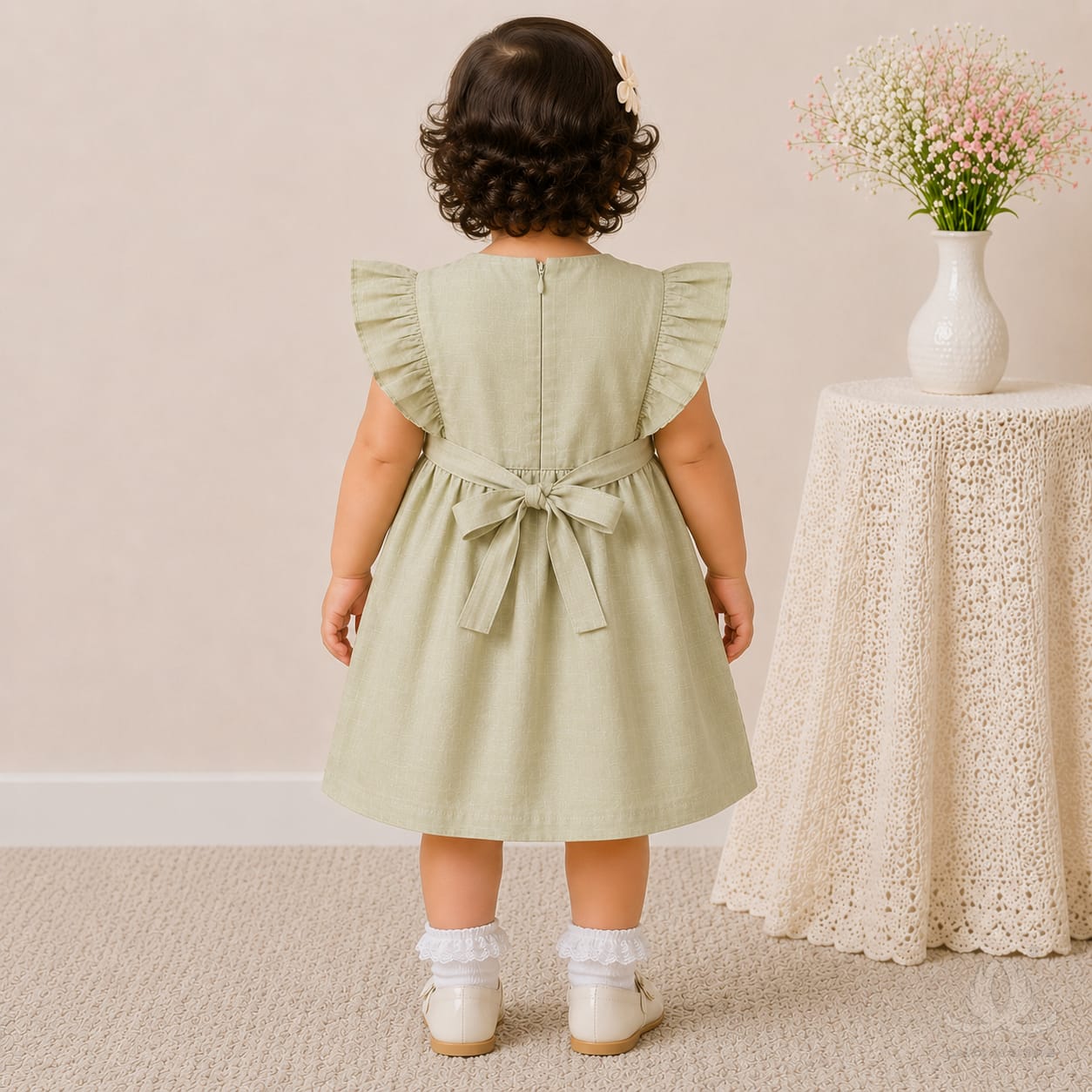 Olive Green Floral Embroidered Baby Girl Dress with Ruffle Sleeves & Back Bow — Styled
