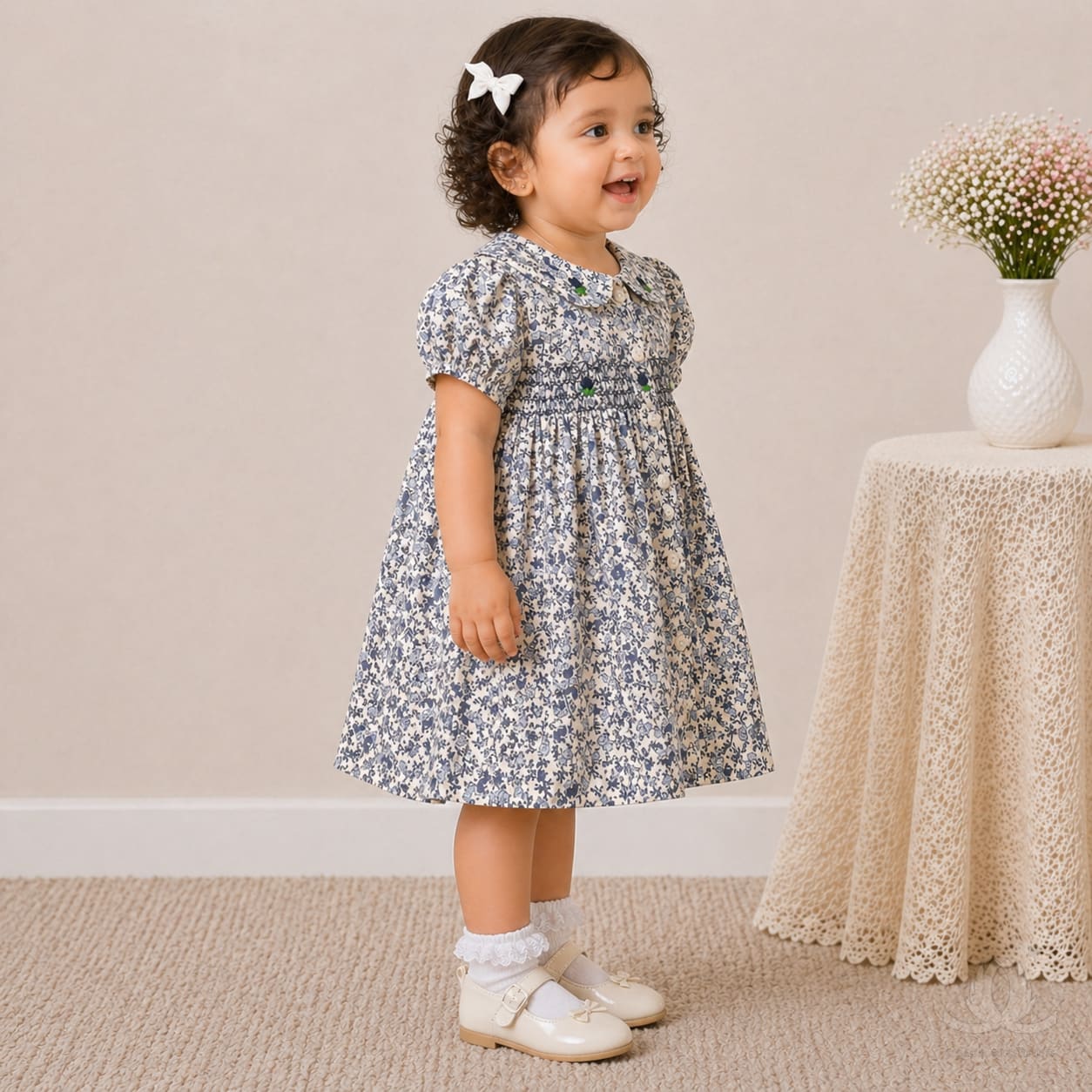 Baby Girl Blue Floral Cotton Dress with Peter Pan Collar & Smocked Bodice — Back