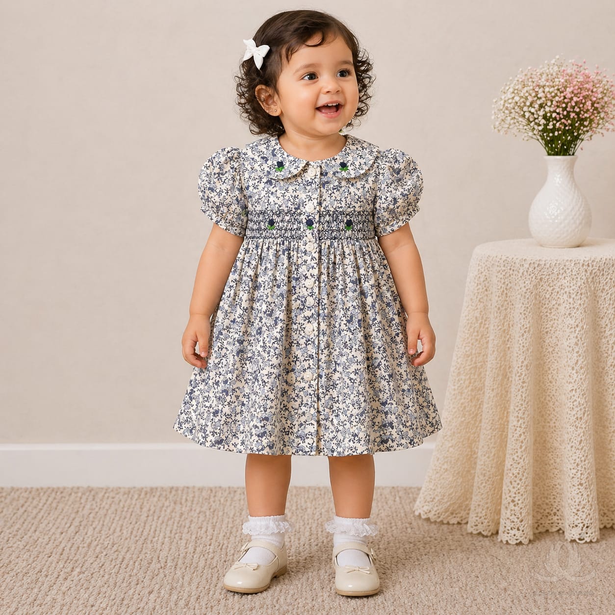 Baby Girl Blue Floral Cotton Dress with Peter Pan Collar & Smocked Bodice — Fabric detail