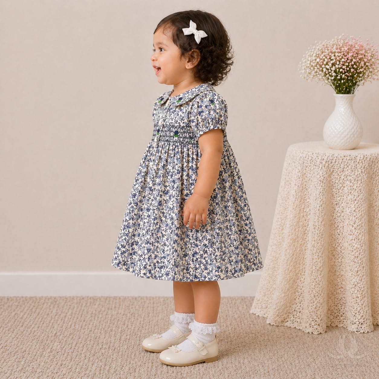 Baby Girl Blue Floral Cotton Dress with Peter Pan Collar & Smocked Bodice — Side