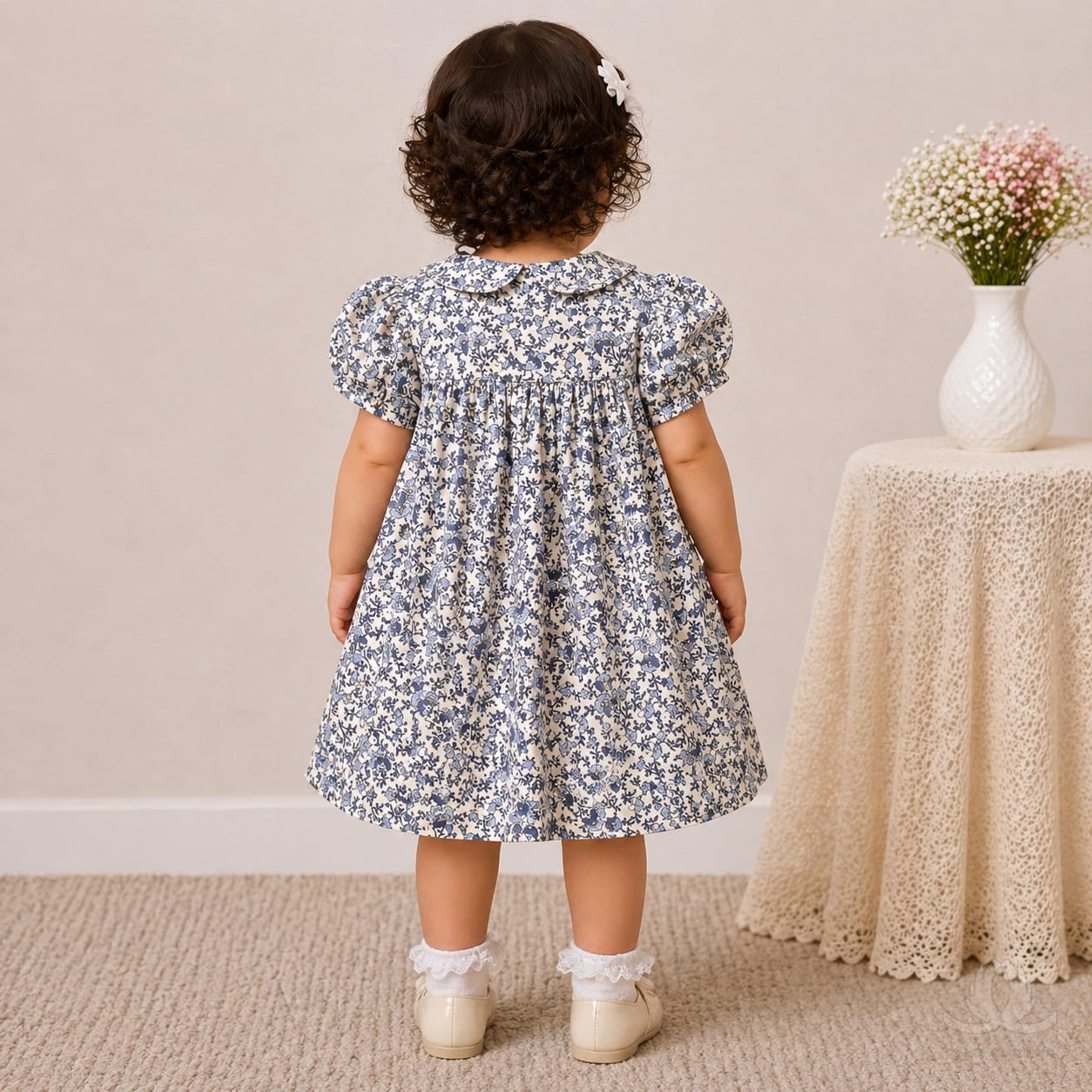 Baby Girl Blue Floral Cotton Dress with Peter Pan Collar & Smocked Bodice — Styled
