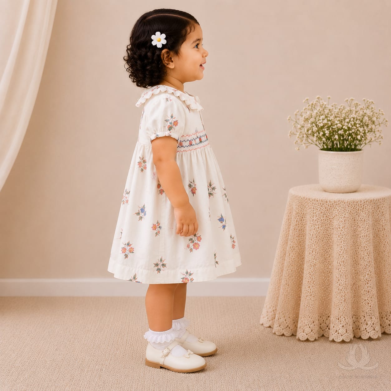 White Floral Printed Baby Girl Dress with Smocked Detail & Puff Sleeves — Back
